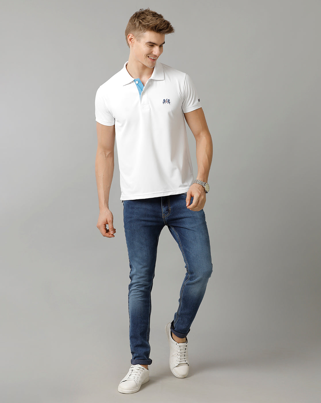 Double Two White  Solid Polo Half Sleeve T-Shirt