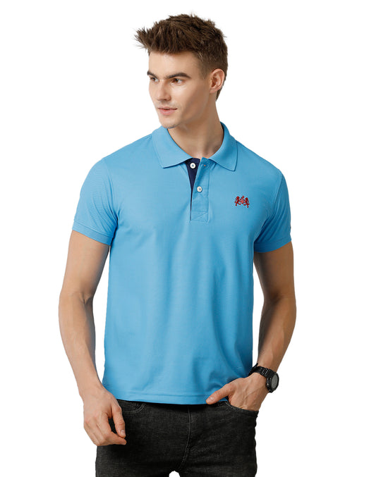 Double Two Blue   Solid Polo Half Sleeve T-Shirt