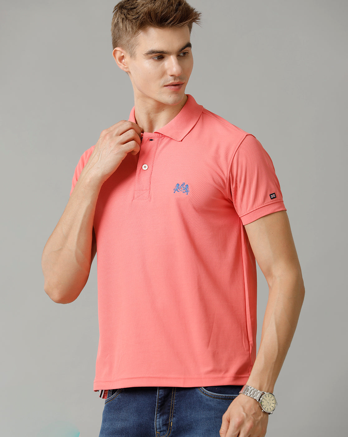 Double Two Pink  Solid Polo Half Sleeve T-Shirt