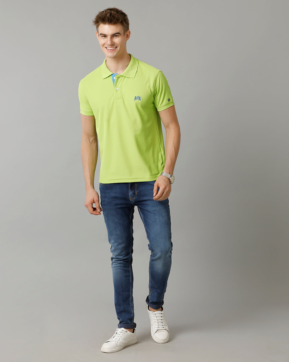 Double Two Lemon Green  Solid Polo Half Sleeve T-Shirt