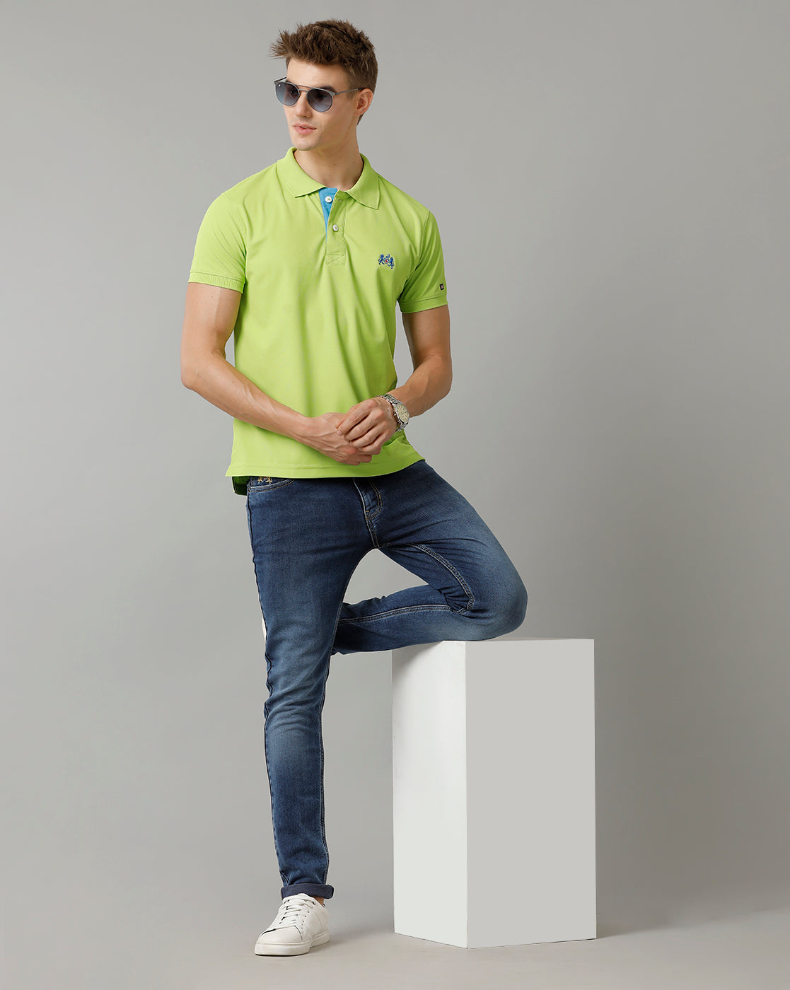 Double Two Lemon Green  Solid Polo Half Sleeve T-Shirt