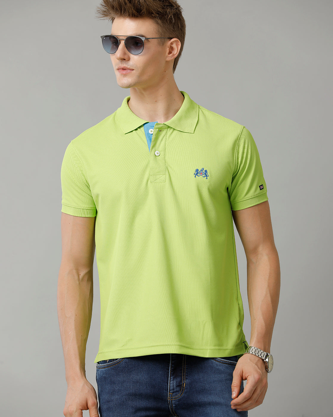 Double Two Lemon Green  Solid Polo Half Sleeve T-Shirt