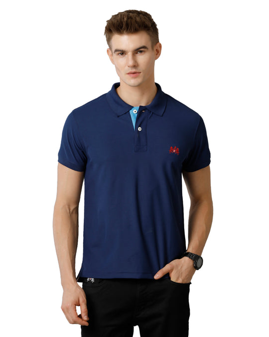 Double Two Navy  Solid Polo Half Sleeve T-Shirt