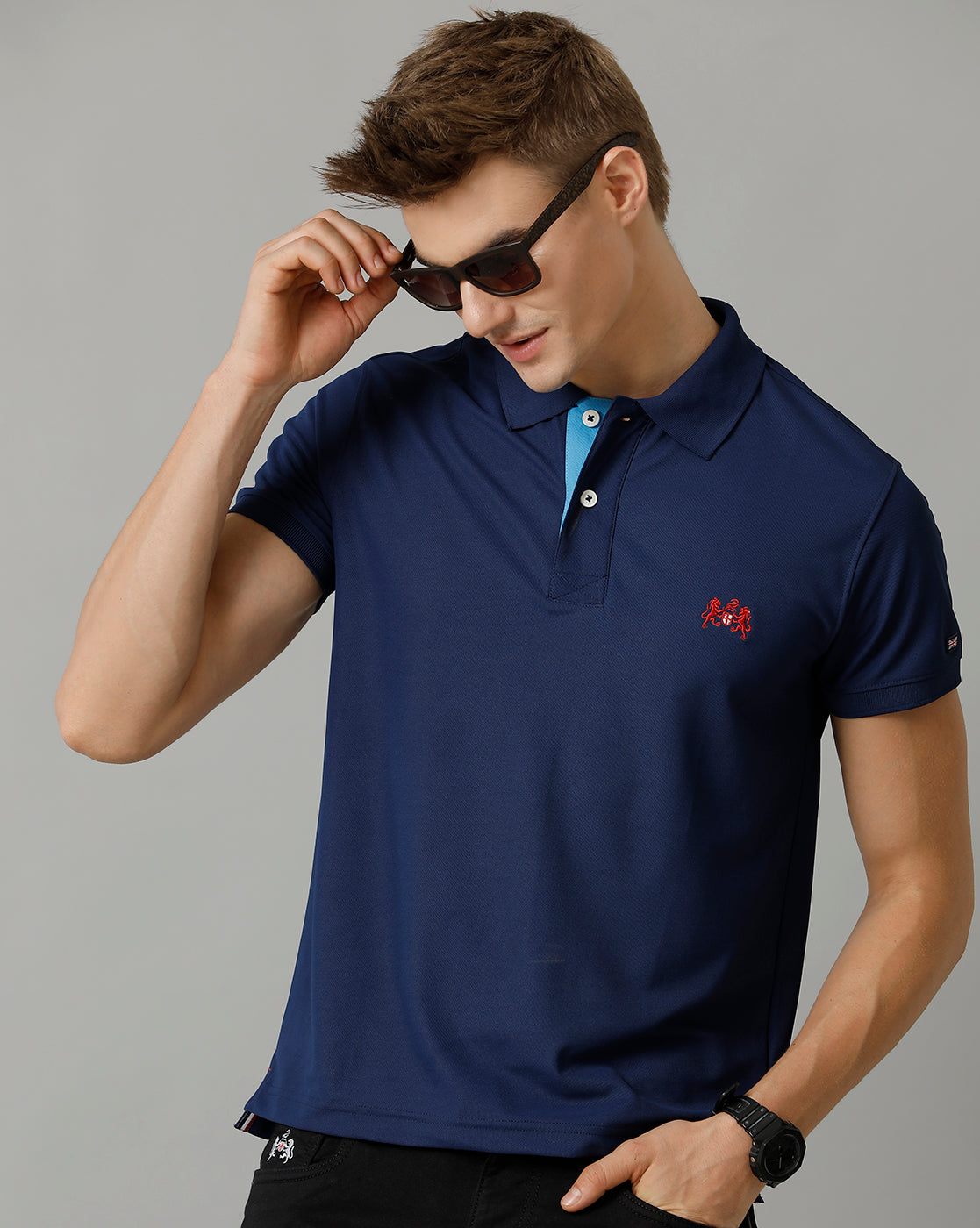 Double Two Navy  Solid Polo Half Sleeve T-Shirt