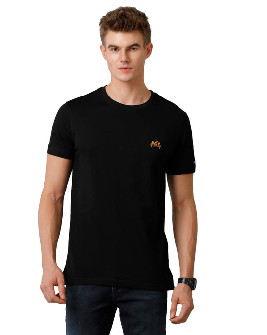 Double Two Black Solid Crew Neck Half Sleeve T-Shirt