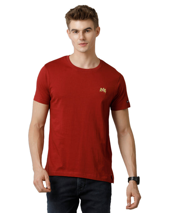 Double Two Red Solid Crew Neck Half Sleeve T-Shirt