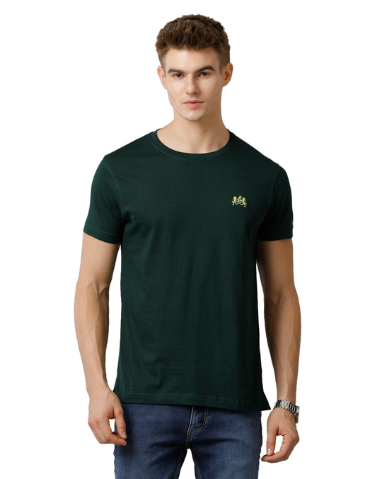 Double Two Bottle Green Solid Crew Neck Half Sleeve T-Shirt