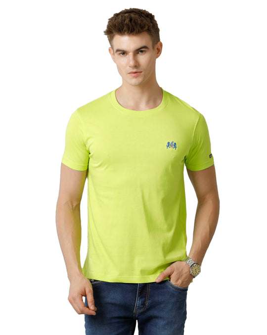 Double Two Lemon Green Solid Crew Neck Half Sleeve T-Shirt