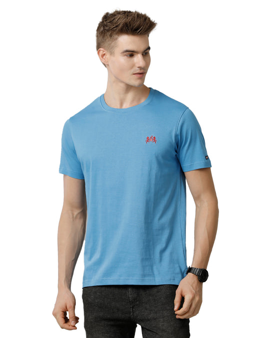 Double Two Blue Solid Crew Neck Half Sleeve T-Shirt
