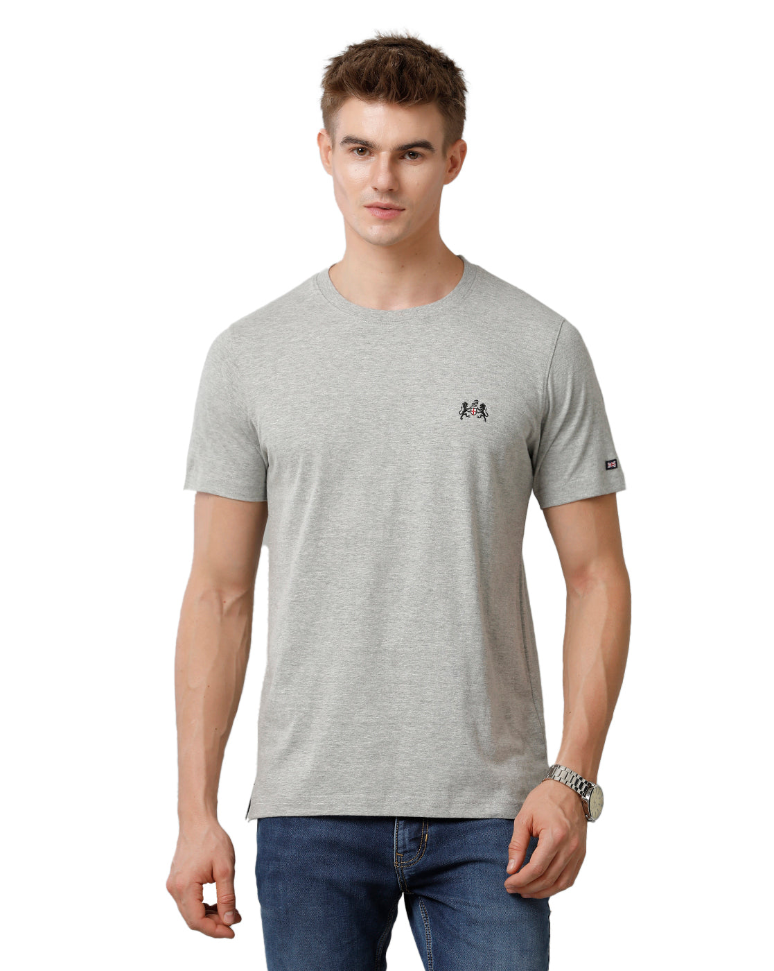 Double Two Grey Melange Solid Crew Neck Half Sleeve T-Shirt