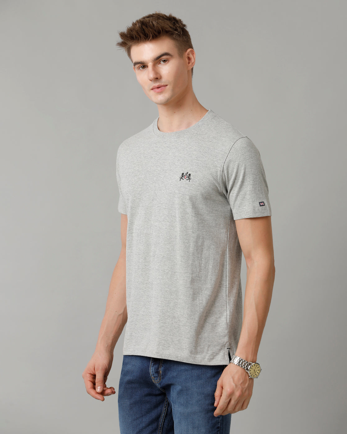 Double Two Grey Melange Solid Crew Neck Half Sleeve T-Shirt