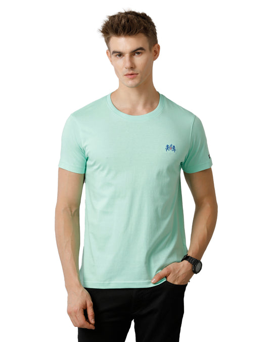 Double Two Pista Green Solid Crew Neck Half Sleeve T-Shirt
