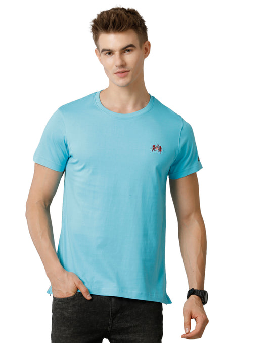 Double Two Aqua Blue Solid Crew Neck Half Sleeve T-Shirt
