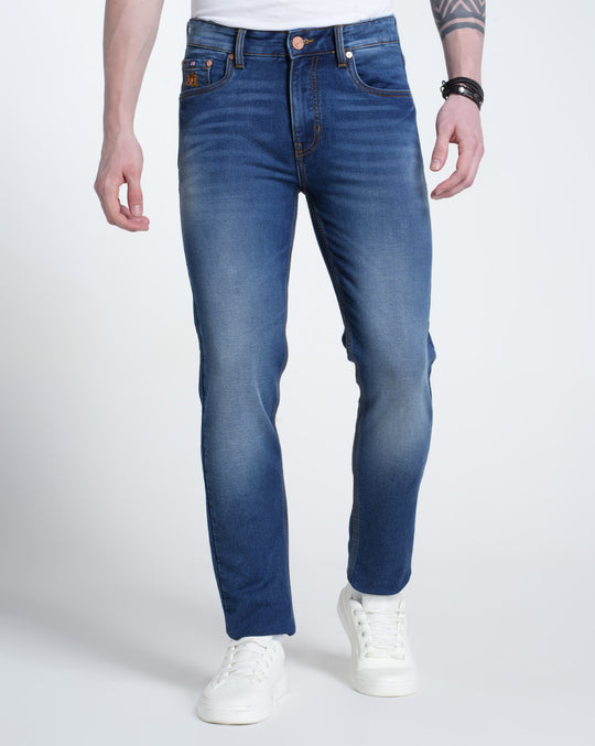 Mens Knitted Solid Dark Blue Denim