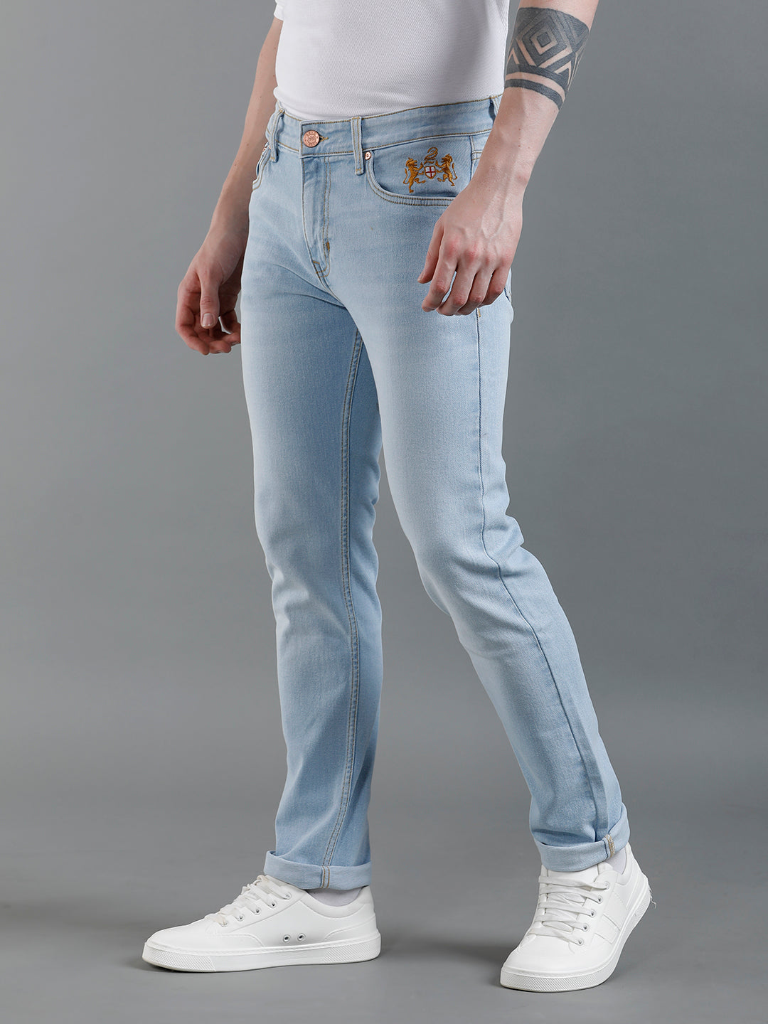 Men Solid Light Blue Denim