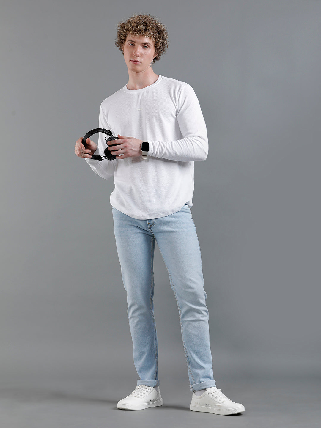 Men Solid Light Blue Denim