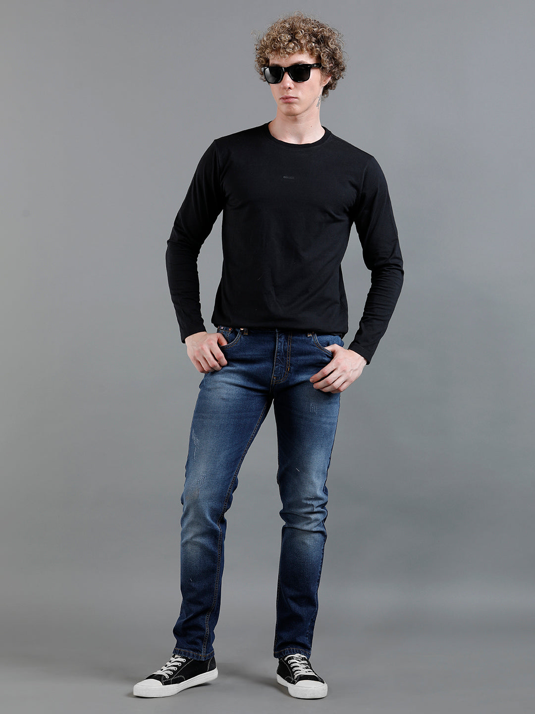 Men Solid Cat Scratch Blue Denim
