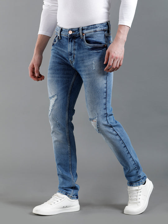 Men Solid Distressed Blue Denim