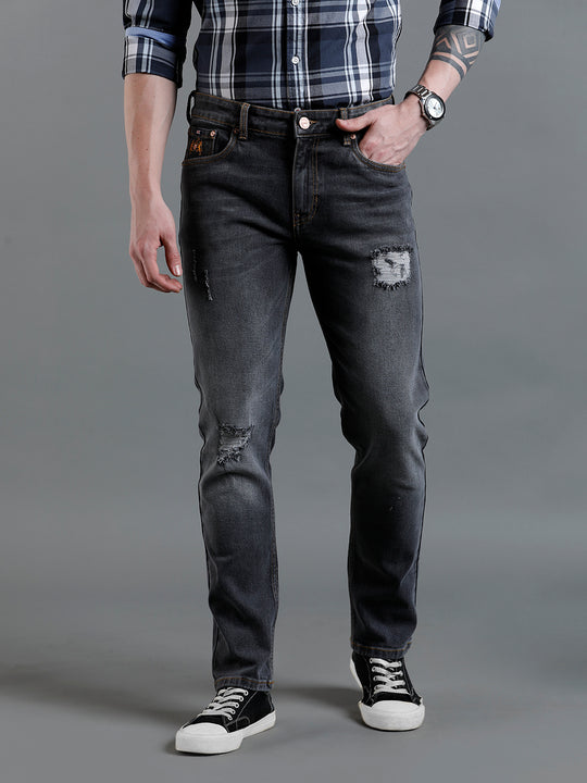 Men Solid Distressed Black Denim