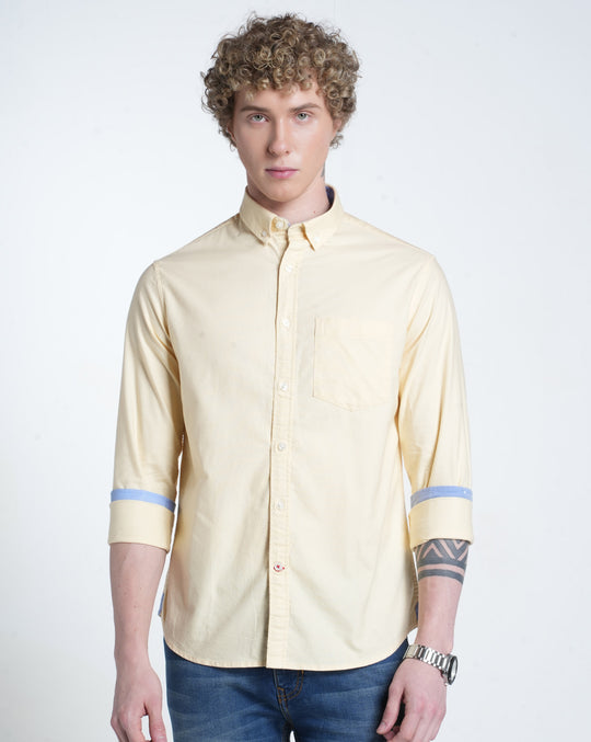 Button Down Collar Cotton Solid Yellow Shirt
