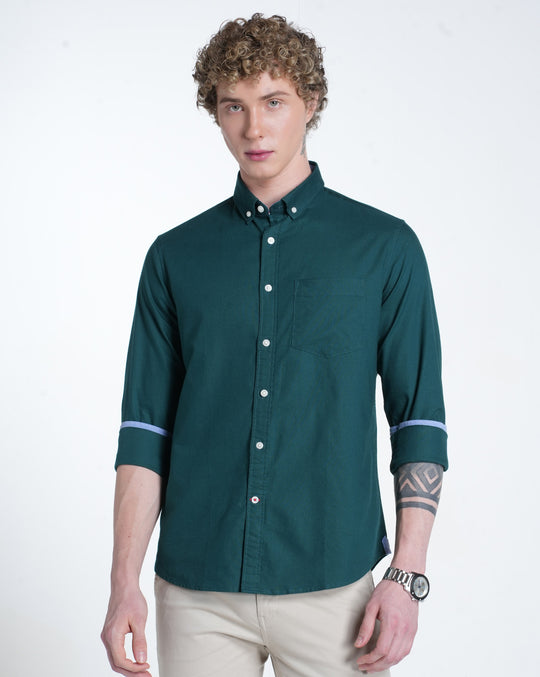 Button Down Collar Cotton Solid Bottle Green Shirt