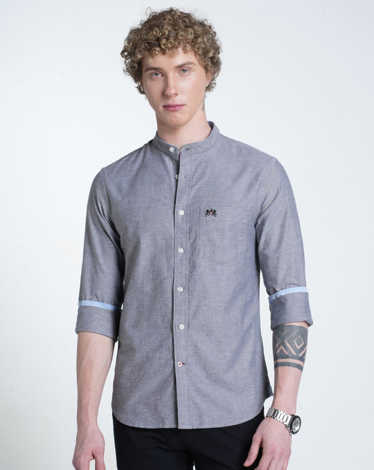 Mens Mandarin Collar Long Sleeves Solid Grey Shirt