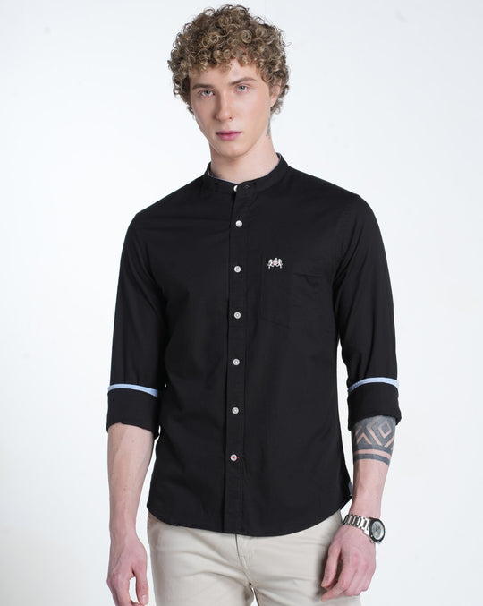 Mens Mandarin Collar Long Sleeves Solid Black Shirt
