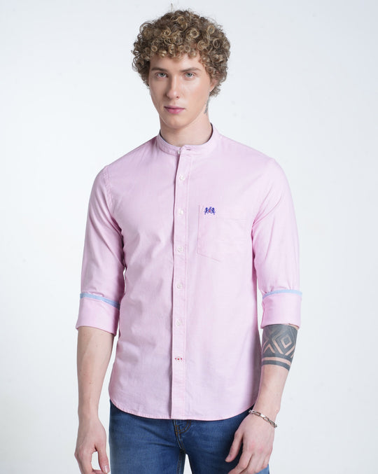 Mens Mandarin Collar Long Sleeves Solid Pink Shirt
