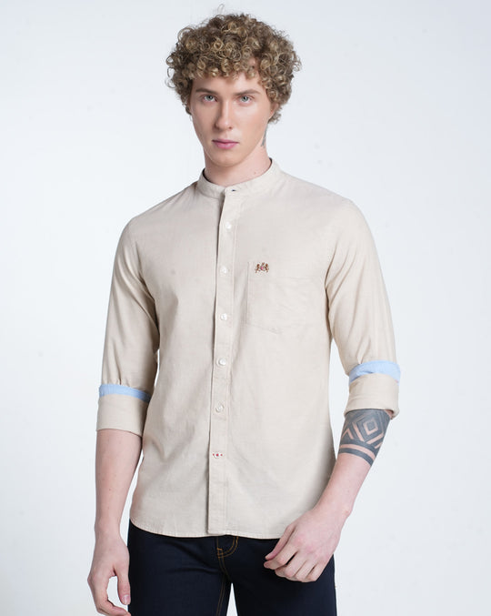 Mens Mandarin Collar Long Sleeves Solid Beige Shirt