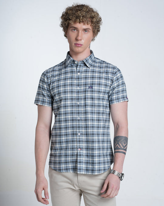 Mens Pointed Collar Half Sleeves Checks Shirt
