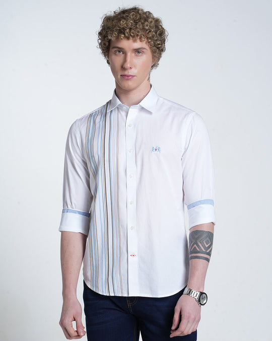 Mens Pointed Collar Long Sleeves Engineering Stripe Shirt