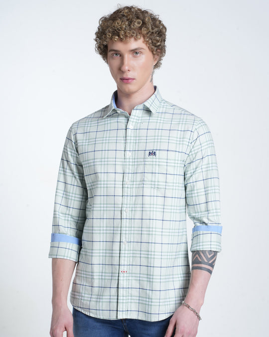 Mens Pointed Collar Long Sleeves Checks Shirt