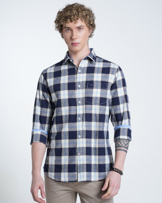 Mens Pointed Collar Long Sleeves Checks Shirt