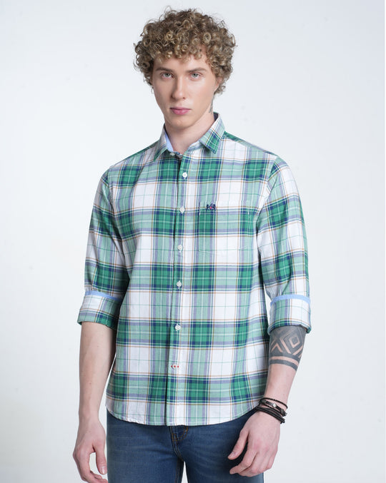 Mens Pointed Collar Long Sleeves Checks Shirt
