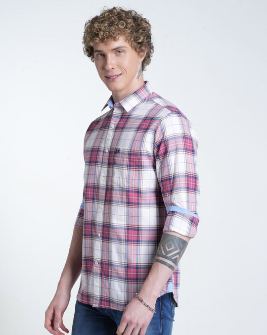 Mens Pointed Collar Long Sleeves Checks Shirt