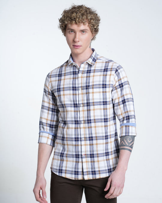 Mens Pointed Collar Long Sleeves Checks Shirt