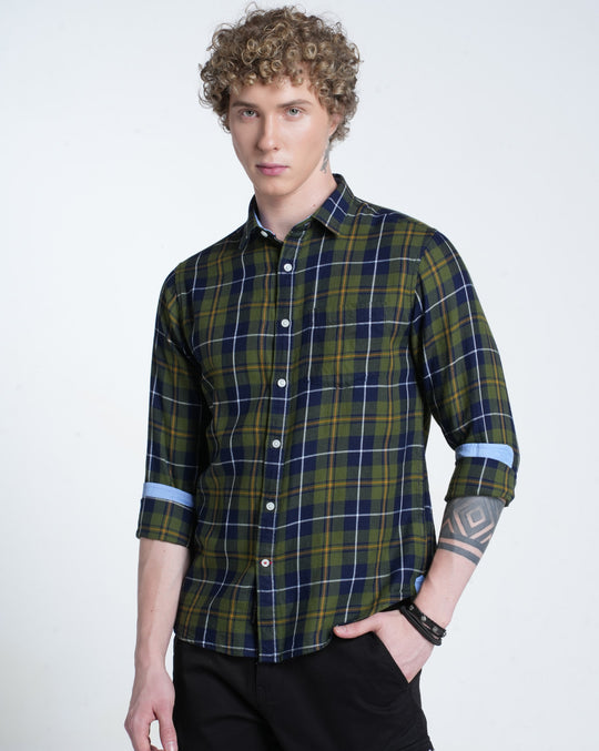 Mens Pointed Collar Long Sleeves Checks Shirt