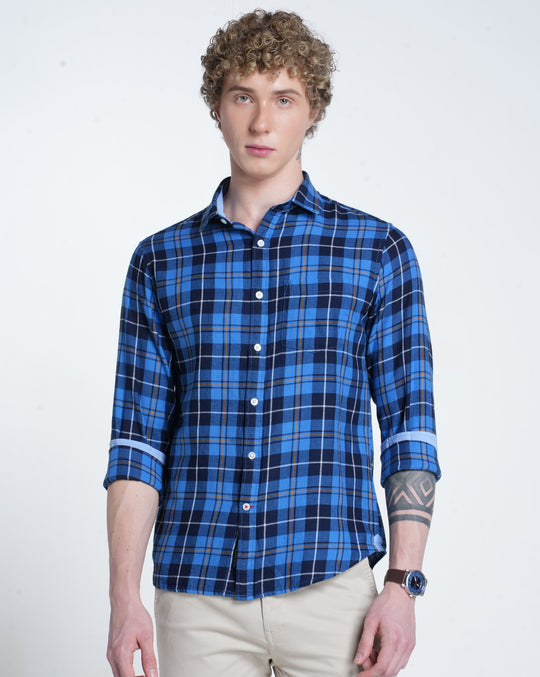 Mens Pointed Collar Long Sleeves Checks Shirt