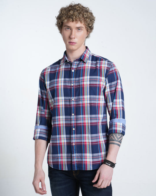 Mens Pointed Collar Long Sleeves Checks Shirt
