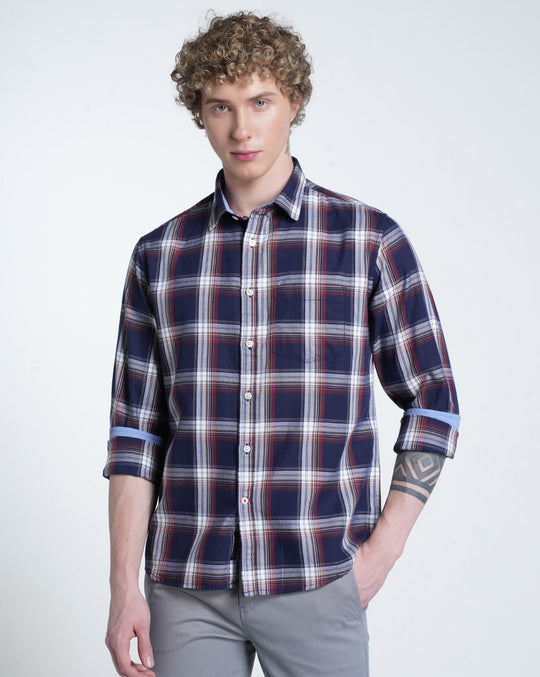 Mens Pointed Collar Long Sleeves Checks Shirt