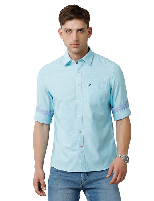 Men Solid Oxford Aqua Blue Slim Fit Casual Shirt