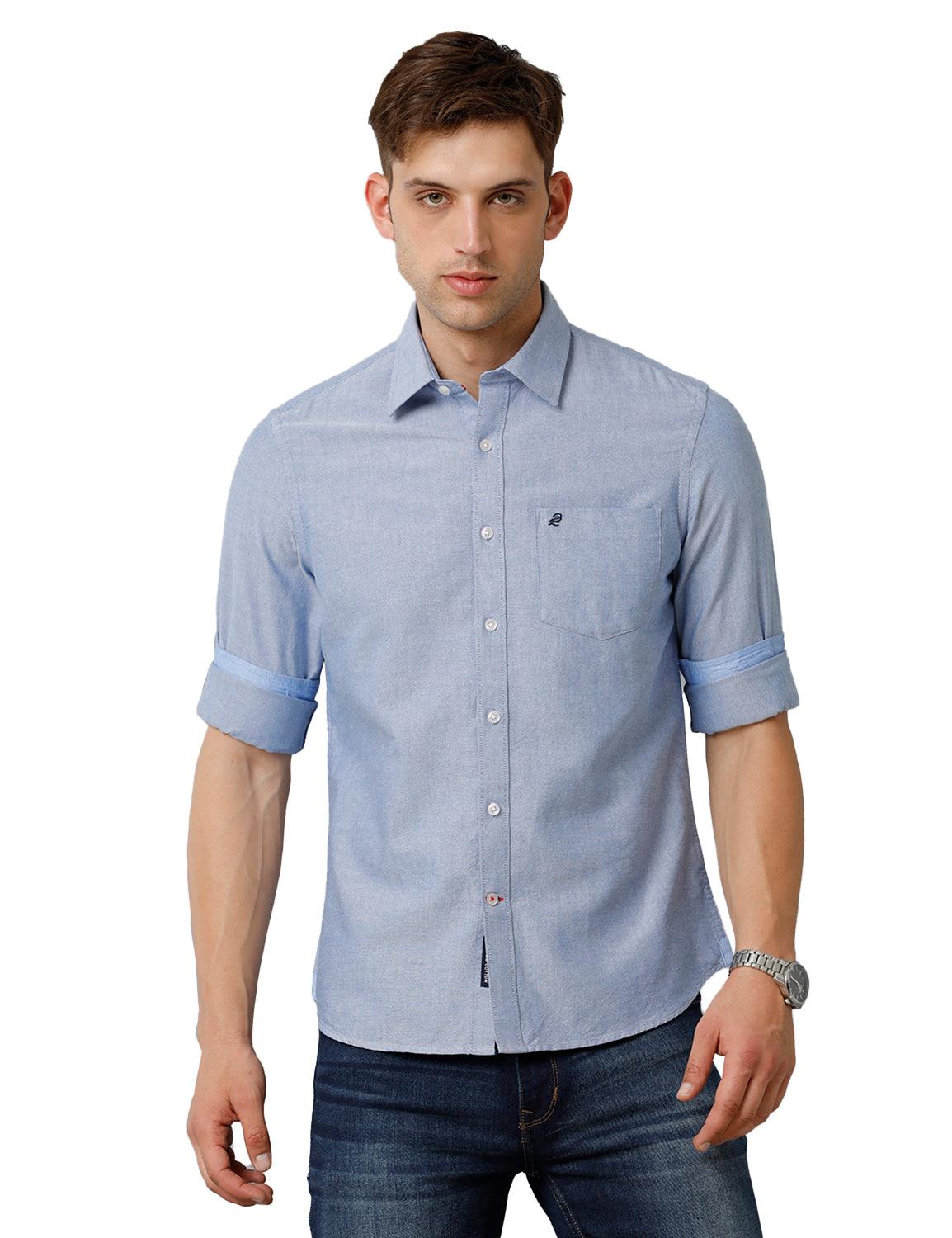 Men Solid Oxford Sky Blue Slim Fit Casual Shirt - Double Two