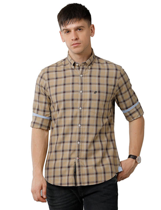Double Two Men Beige Checks Casual Shirt