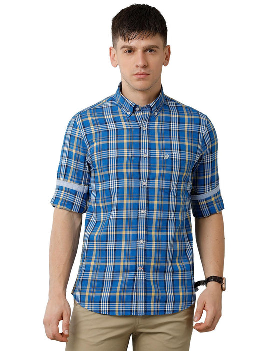 Double Two Men Royal Blue Checks Casual Shirt
