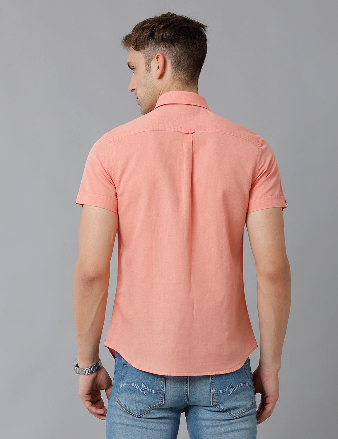 Solid Pink Cotton Lenin Slim Fit Casual Shirt - Double Two