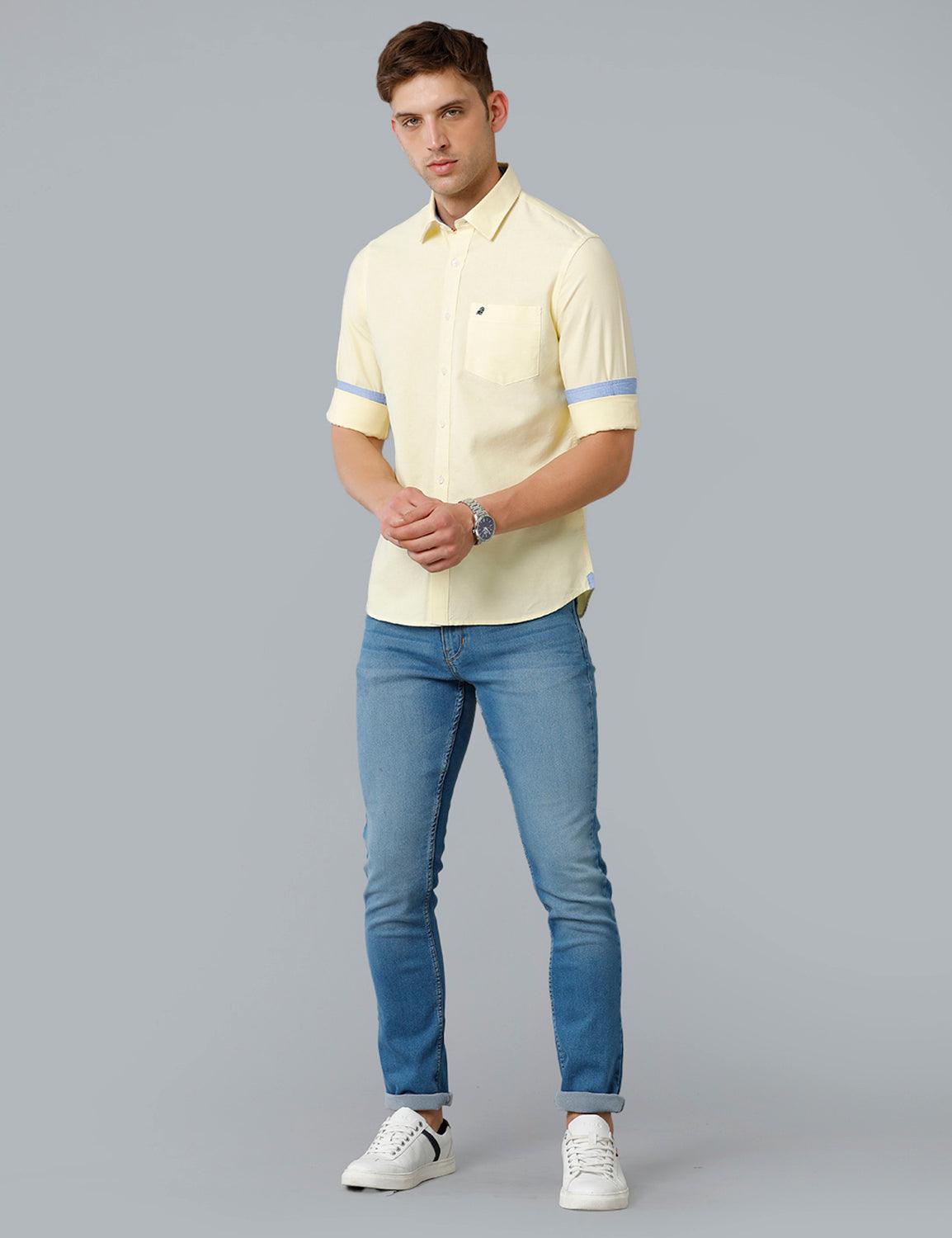 Men Solid Oxford Lemon Yellow Slim Fit Casual Shirt - Double Two