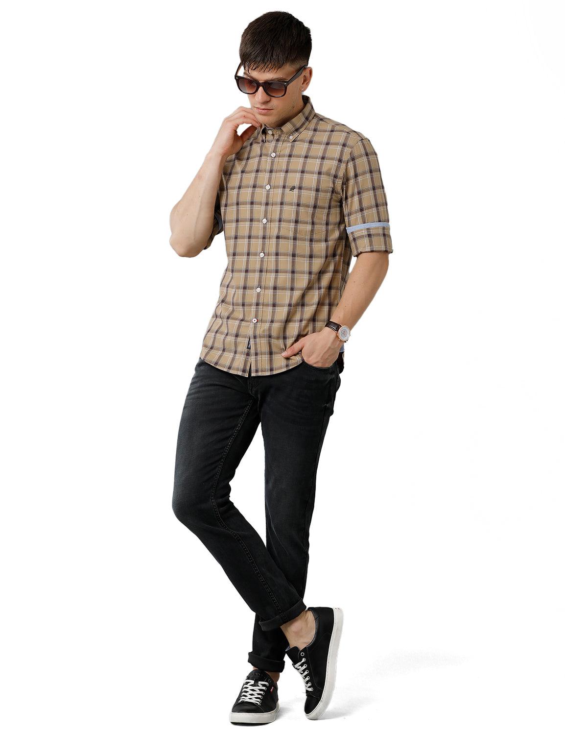 Double Two Men Beige Checks Casual Shirt - Double Two