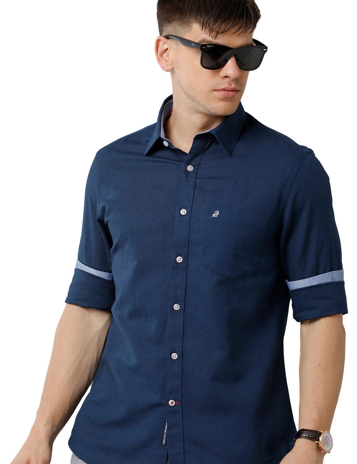 Navy Blue Solid Casual Shirt - Double Two