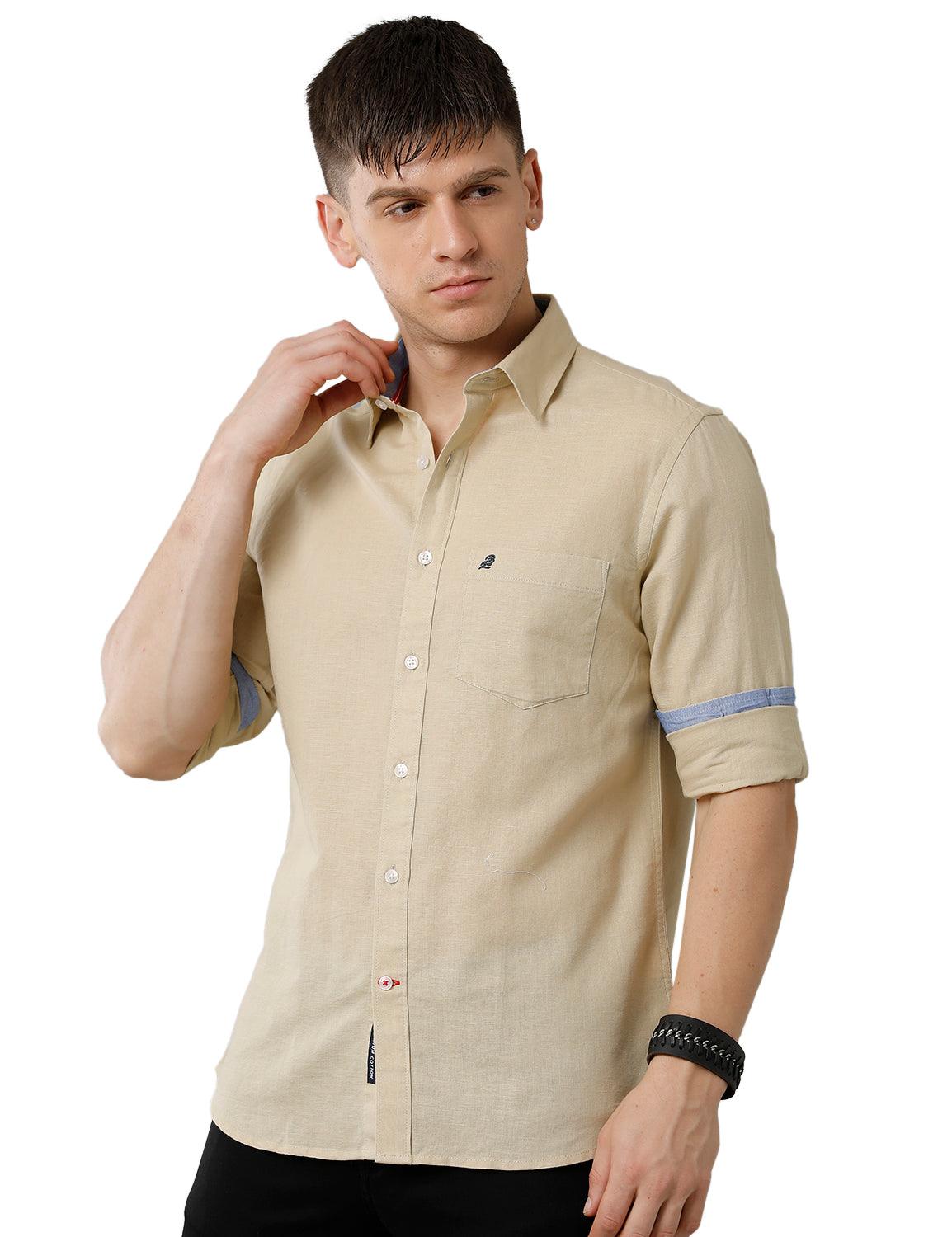 Beige Solid Casual Shirt - Double Two