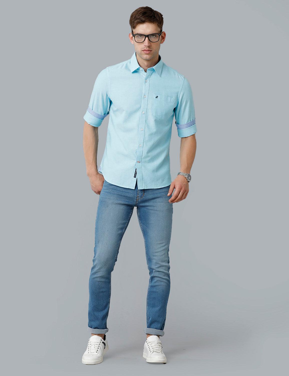 Men Solid Oxford Aqua Blue Slim Fit Casual Shirt - Double Two